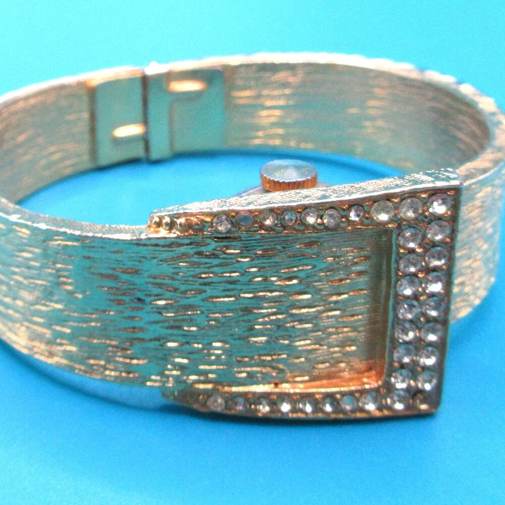 LUCERNE BANGLE BUCKLE BRACELET WATCH ~ RHINESTONE ACCENTS~BASE METAL~STAINLESS
